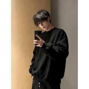 黑色重磅圆领卫衣男春季美式纯色正肩长袖t恤cleanfit内搭打底衫