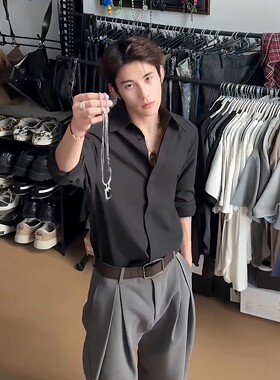 那不勒斯dk黑衬衫男款隐藏式纽扣西装内搭高级感痞帅修身长袖衬衣