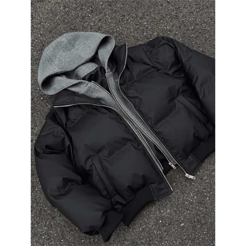 PU皮假两件连帽棉服男款冬季