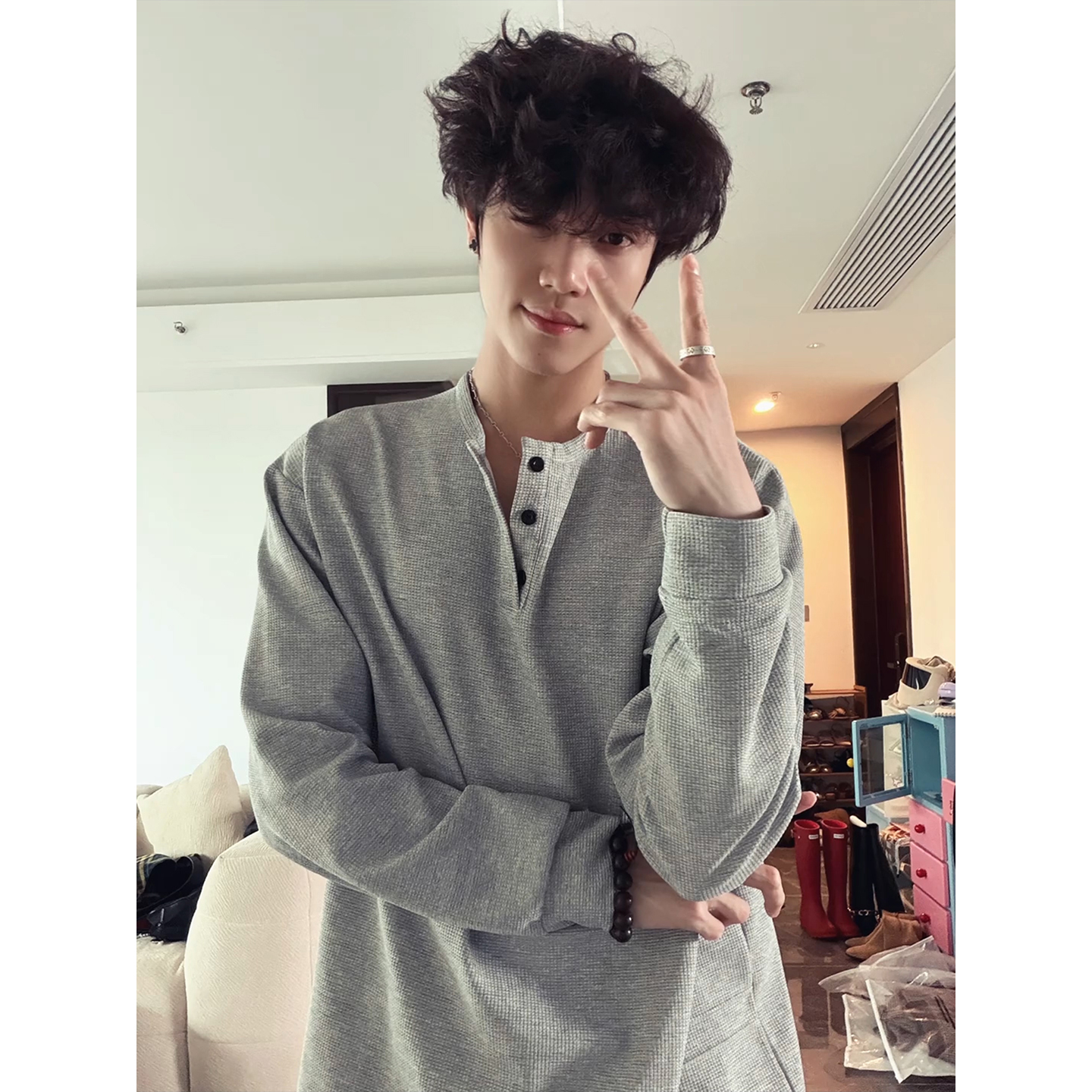 灰色华夫格亨利领t恤男秋季美式