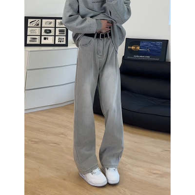 水洗灰牛仔裤加绒加厚直筒微喇裤