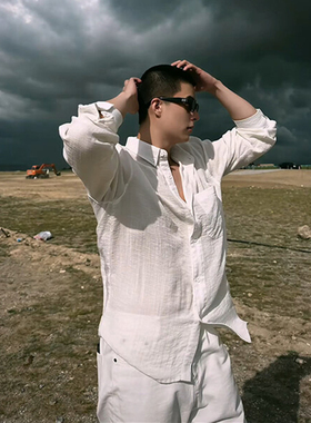 白色苎麻防晒衬衫男款夏季薄款亚麻外套棉麻衬衣纯棉布料100%全棉