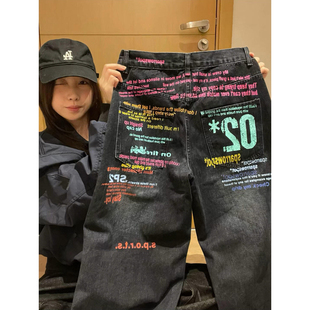 美式潮流字母涂鸦印花牛仔裤春季男款阔腿裤子vibe工装直筒休闲裤