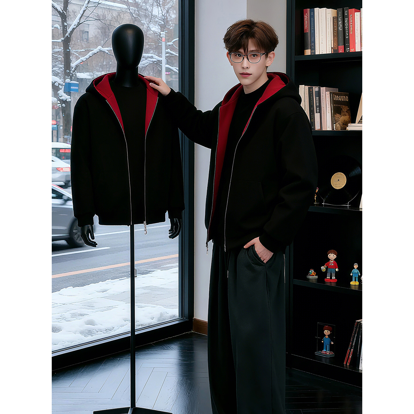 美式重磅红内空气层卫衣男秋冬季