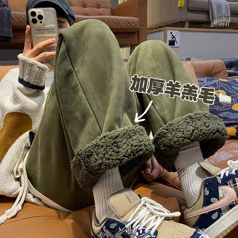军绿色麂皮绒裤子男冬季皮毛一体