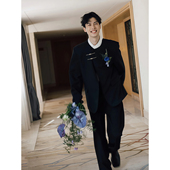 新中式 高级感结婚订婚穿搭垫肩西服 男士 假两件斜襟飞机扣西装 套装