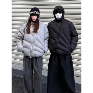 美式轻薄排骨羽绒棉服男冬季短款高级感放射线斜拉链美式连帽外套