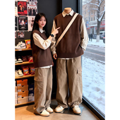 美拉德咖啡色针织背心男款 侧开叉叠穿无袖 马甲老钱风高级感毛线衣