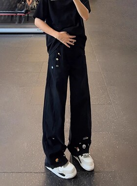 黑色趣味卡通印花牛仔裤男款美式痞帅高级感裤子直筒弯刀微喇长裤