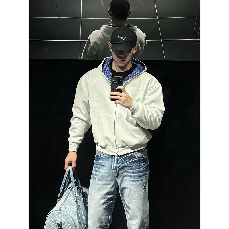 白花灰miu格纹连帽卫衣男款秋冬