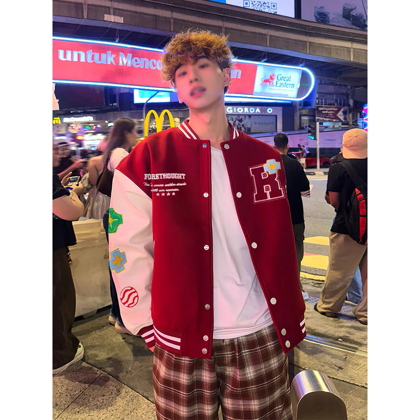 美式高街vibe棒球服男春季撞色拼接刺绣情侣外套学院风pu皮袖夹克,男装,棒球夹克,淘宝优惠券,粉丝福利购,淘宝优惠卷