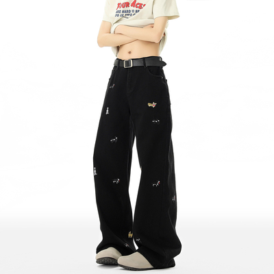 美式复古小狗刺绣牛仔裤男款高腰