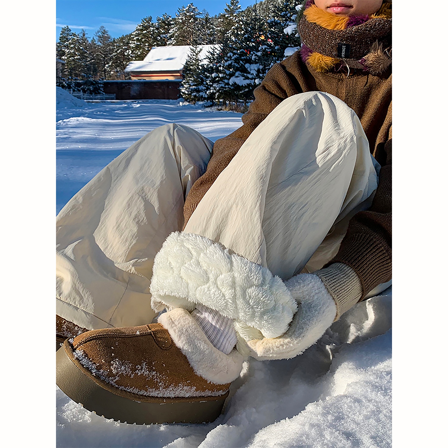 杏色羊羔毛卫裤冬季青少年加厚