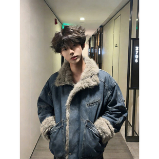 蓝色水洗牛仔外套男款冬季美式毛领座山雕棉服高级感痞帅工装夹克