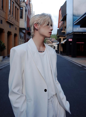 英伦雅痞风韩版西服男高级感痞帅男装白色垫肩dk西装廓形单西外套