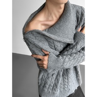 禁欲系露肩拉链设计毛衣男秋冬麻花高领针织衫 外套 慵懒高级感线衫