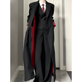 黑色巴尔玛肯风衣男英伦风高级感西装 领外套黑红撞色长款 收腰大衣