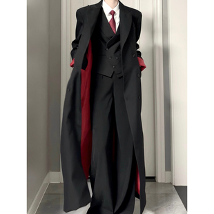 黑色巴尔玛肯风衣男英伦风高级感西装领外套黑红撞色长款收腰大衣