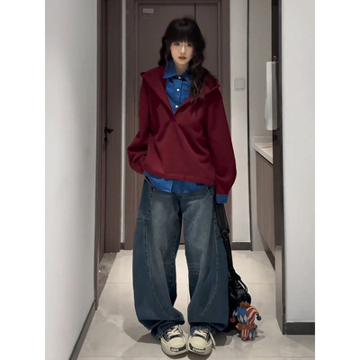 酒红色假两件美式正肩卫衣男春季