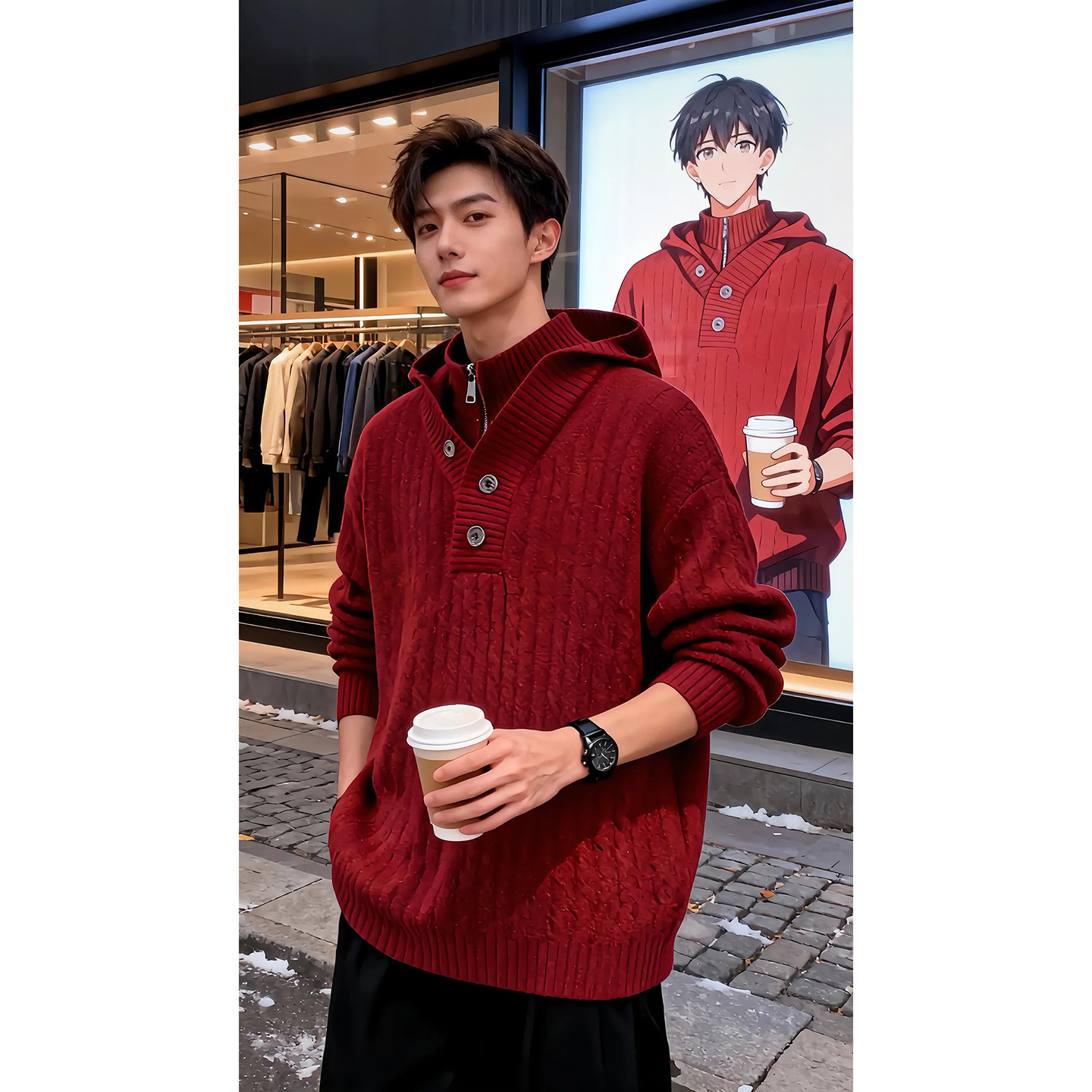 马年本命年红色男士高领毛衣冬季假两件v领针织衫高级感连帽卫衣,男装,针织衫/毛衣,淘宝优惠券,粉丝福利购,淘宝优惠卷