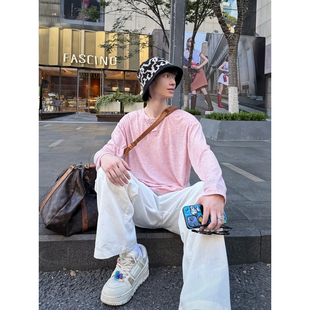 亨利领粉色防晒长袖t恤男款夏季人夫感穿搭polo衫慵懒老钱风上衣