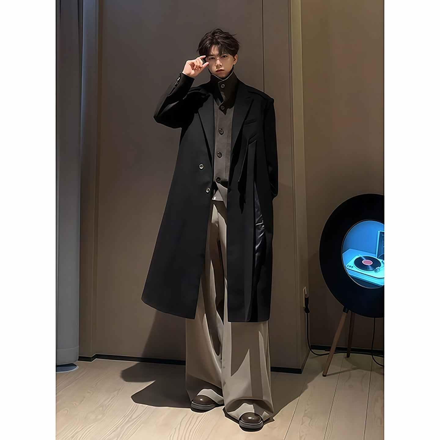 黑色中长款风衣外套男秋冬穿搭