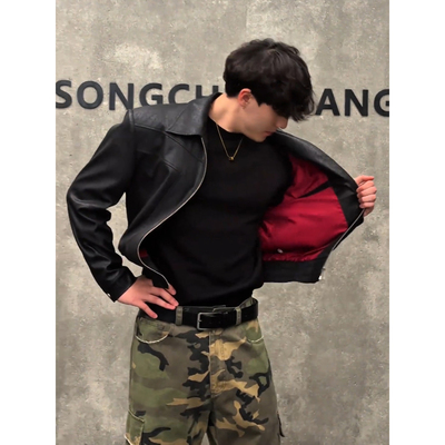 黑色短款男皮机车服美式痞帅夹克