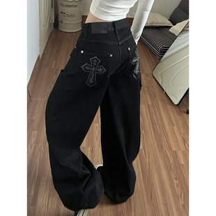 十字架徽章刺绣牛仔裤男女小众设计感痞帅炸街裤子美式弯刀阔腿裤
