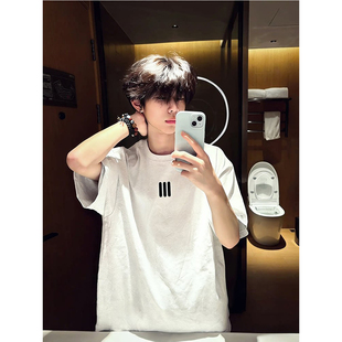 美式重磅短袖t恤男生阳光干净穿搭小领口正肩短袖cleanfit五分袖