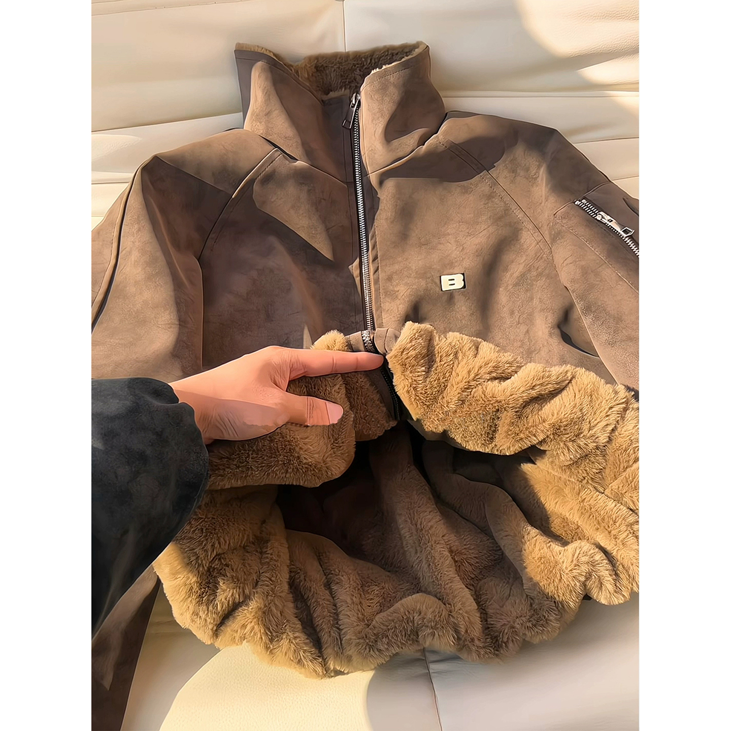 美式仿兔毛PU皮夹克棉服男冬季