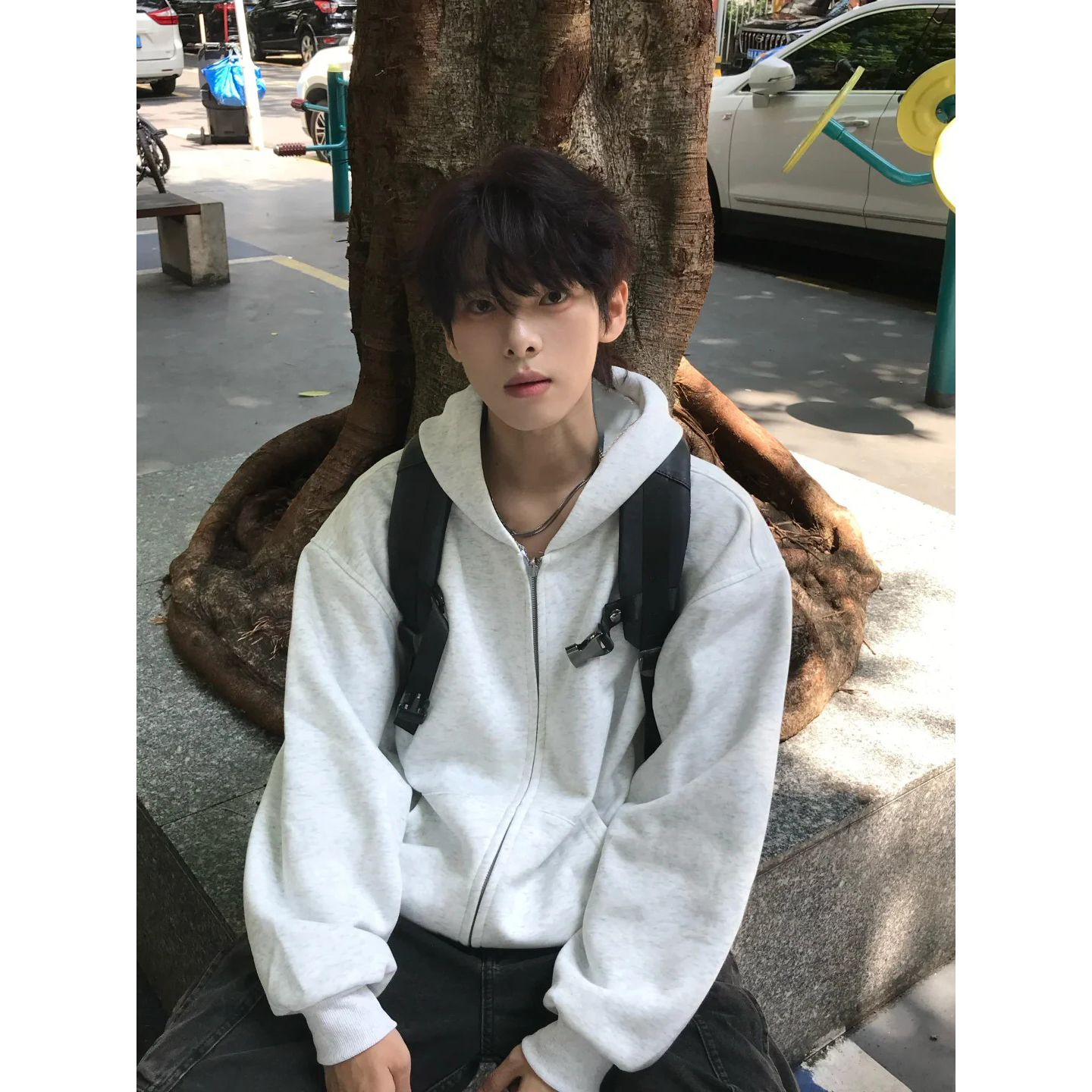 灰色连帽拉链卫衣韩系潮男夹克