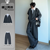 老钱风套装 假两件衬衫 领卫衣松弛感阔腿卫裤 男模高级感穿搭两件套