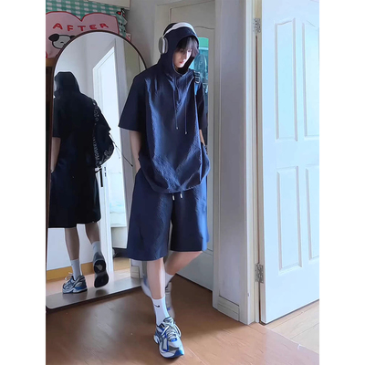 藏青色泡泡纱衬衫短袖短裤男生