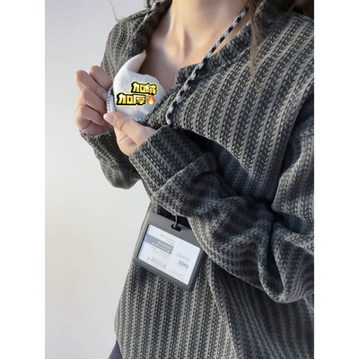 鱼骨纹雪尼尔v领长袖t恤男秋冬