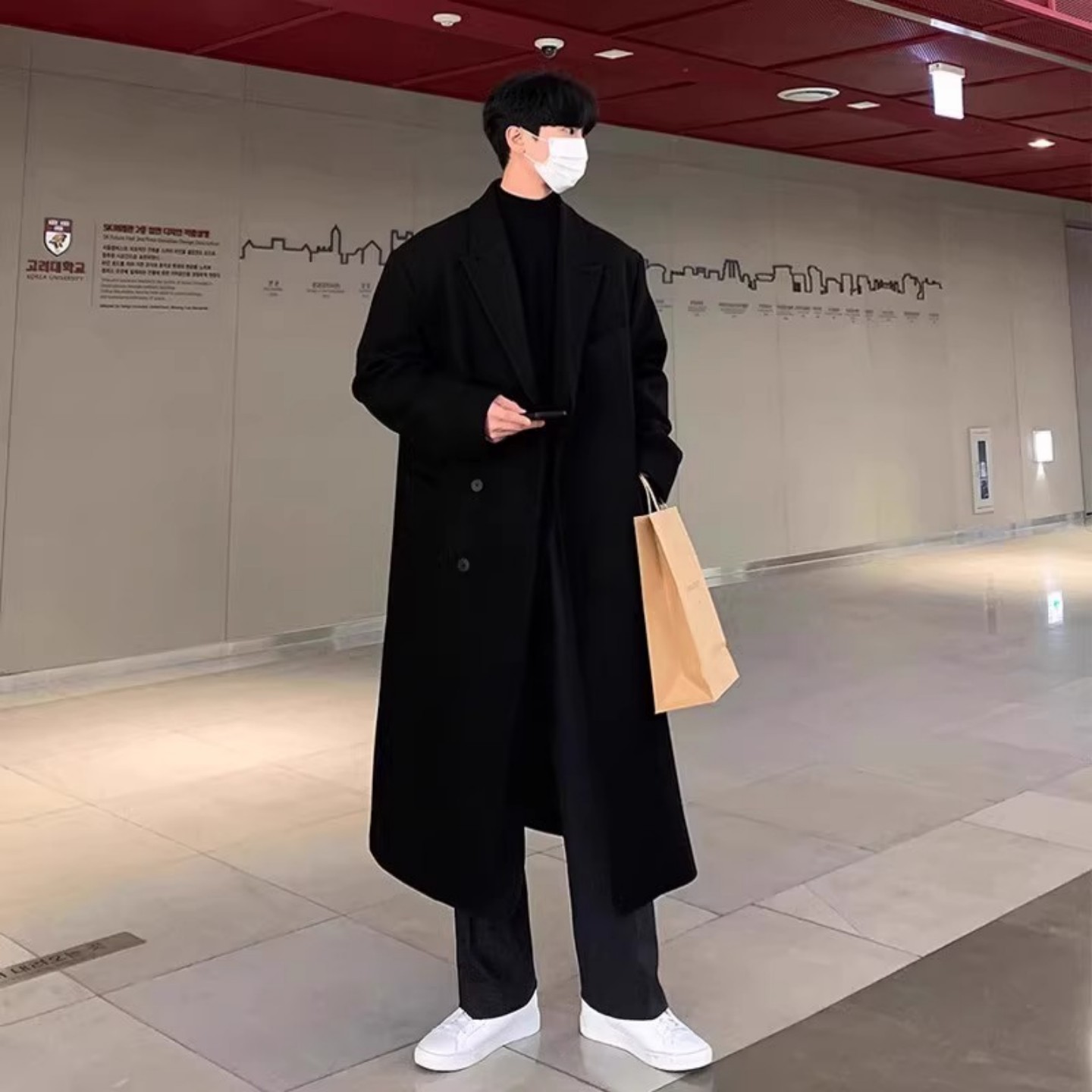 黑色加厚毛呢风衣男中长款加棉呢子大衣韩版高级感创驳领西装外套