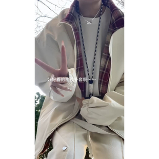 fitcheck格子拼接翻领夹克男生春夏薄款防晒外套潮牌撞色情侣上衣