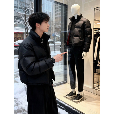 黑色假两件pu皮羽绒棉服男款冬季