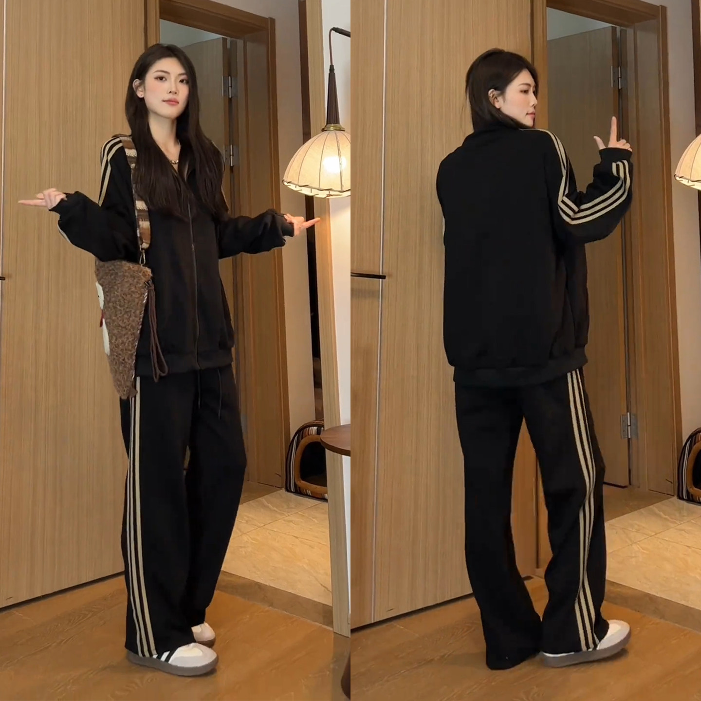 美式三道杠条纹卫衣卫裤男生酷帅穿搭套装情侣装一整套全身运动服