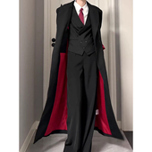 风衣高端大气上档次西装 黑色红内长款 男士 外套英伦风垫肩教父大衣