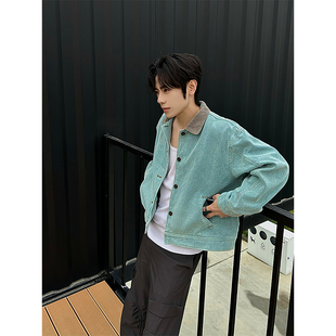 湖水绿哈灵顿工装夹克男款秋季复古ootd穿搭美式拼接翻领短款外套