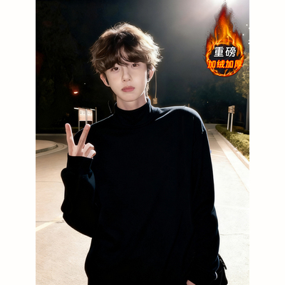 黑色半高领德绒打底衫男款秋冬季