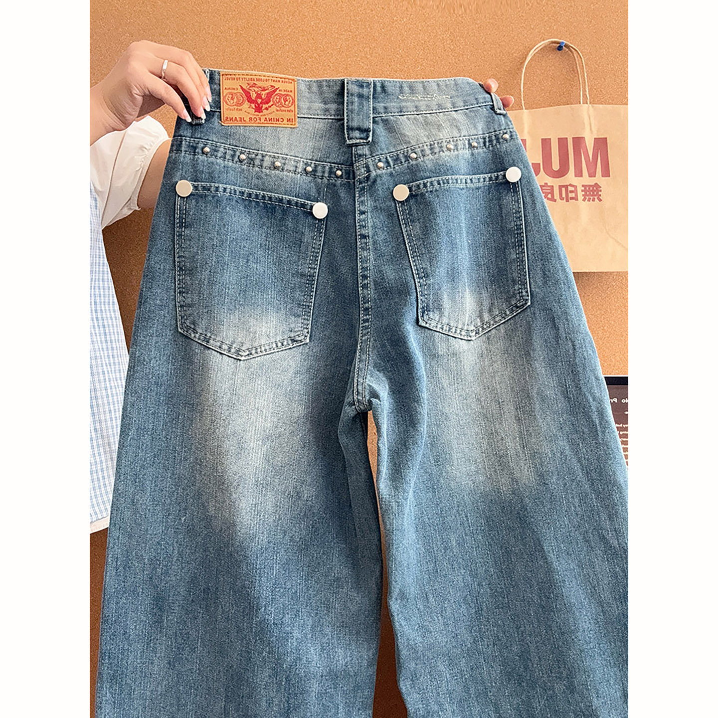 美式复古柳钉牛仔裤男款阔腿长裤