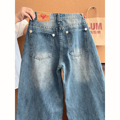 美式复古柳钉牛仔裤男款阔腿长裤