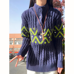 慵懒风加厚线衣绞花纹针织衫 美式 藏青色亨利半高领毛衣男女秋冬季
