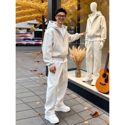 白灰色连帽开衫卫衣套装男款秋冬