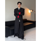 黑色红内衬垫肩毛呢大衣男秋冬英伦风垫肩创驳领西装 外套长款 风衣