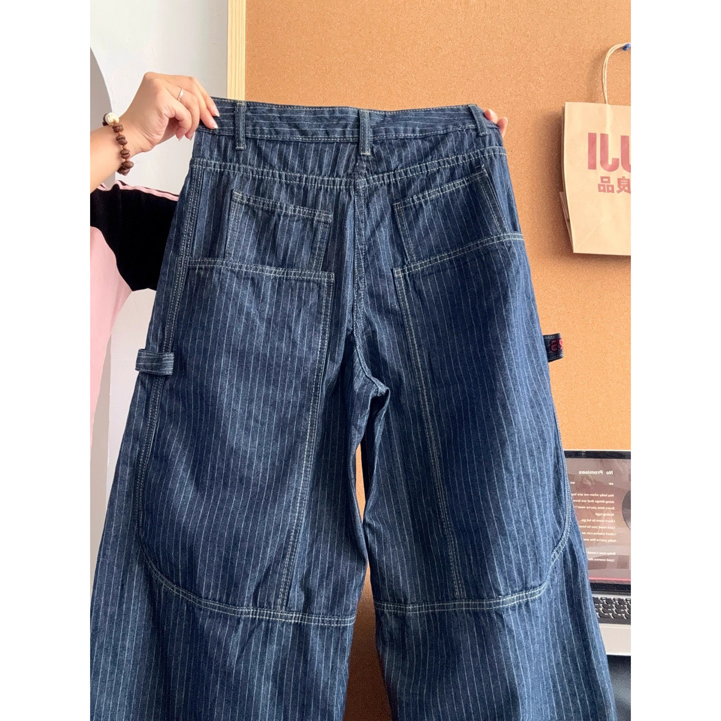 蓝色条纹伐木工装裤男款秋季美式