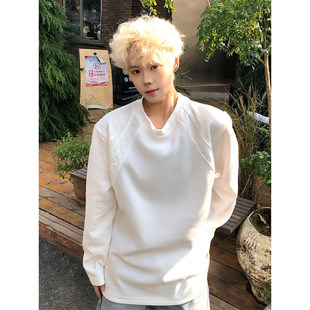 白色重磅加绒卫衣男春季美式拼接正肩长袖t恤cleanfit内搭打底衫