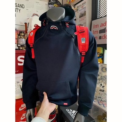 藏青色鲨鱼嘴刺绣卫衣男秋季重磅