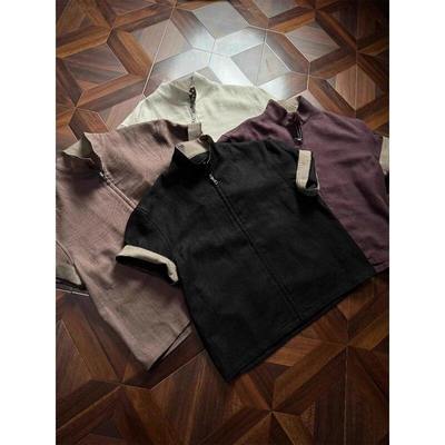 波尔多酒红千鸟格亚麻短袖衬衫男